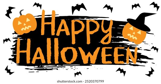 Happy halloween text with two pumpkins on black paint stroke background with bats flying around.  Vector illustration