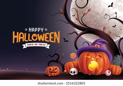 Feliz diseño de fondo de Vector de texto de halloween. Tarjeta de felicitación del truco o del tratamiento de Halloween con los Elementos espeluznantes lindos de las calabazas en fondo de la tarde del patio de tumbas. Ilustración vectorial horror Kids Party 