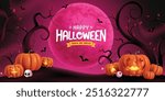 Happy halloween text vector banner design. Halloween trick or treat greeting in red full moon spooky grave yard background with cute, creepy, and funny jack o lantern pumpkins facial expressions. 