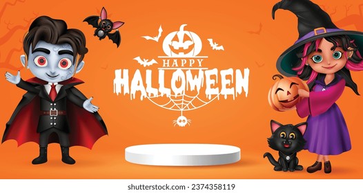 Happy halloween text vector banner design. Halloween greeting card like vampire, witch and cat characters with podium stage for holiday shopping background. Vector illustration trick or treat banner 