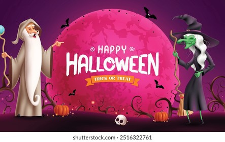 Feliz diseño de Anuncio de Vector de texto de halloween. Personajes mago y bruja que sostienen el personal mágico y la escoba en el fondo rosado espeluznante de la luna llena con el truco de halloween o la tarjeta de felicitación del trato. Vector 