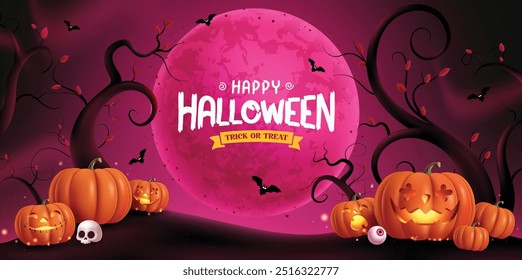 Happy halloween text vector banner design. Halloween trick or treat greeting in red full moon spooky grave yard background with cute, creepy, and funny jack o lantern pumpkins facial expressions. 