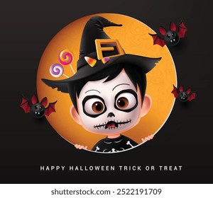 Feliz diseño de Anuncio de Vector de texto de halloween. Truco o trato de Halloween texto de saludo con el personaje de calabazas de momia lindo y divertido colgando en el espacio vacío Web de araña fondo rojo. Ilustración vectorial Kid