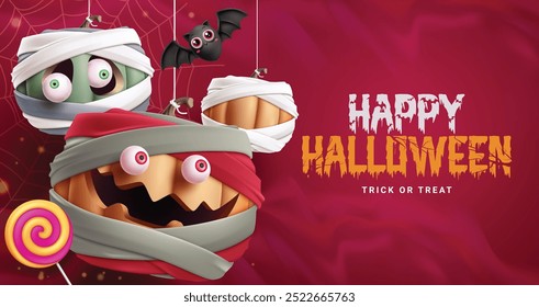 Happy halloween text vector banner design. Halloween trick or treat greeting text with hanging cute and funny mummy pumpkins character in empty space spider web red background. Vector illustration 