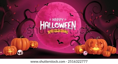 Happy halloween text vector banner design. Halloween trick or treat greeting in red full moon spooky grave yard background with cute, creepy, and funny jack o lantern pumpkins facial expressions. 