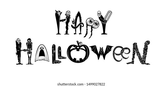 Happy Halloween text vector. Creative banner for party or holiday events design. Hand drawn lettering with Halloween black silhouette characters: zombie, skeleton, bat, pumpkin, vampire, mummy, ghost.