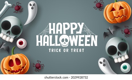 Happy halloween text vector design. Halloween trick or treat in gray space background with scary, spooky, creepy and cute mascot characters. Vector illustration.