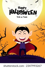 Happy halloween text vector design. Halloween dracula and vampire character in full moon scary creepy night concept. Vector illustration invitation card background.
