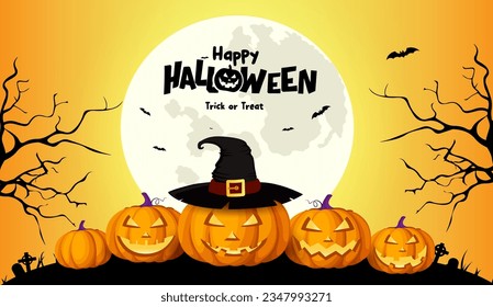 Happy halloween text vector design. Halloween trick or treat with scary pumpkin characters in night cemetery background. Vector illustration horror evening concept. 
