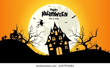 Happy halloween text vector design. Halloween horror scene with creepy haunted mansion and scary full moon background. Vector illustration spooky night background.
