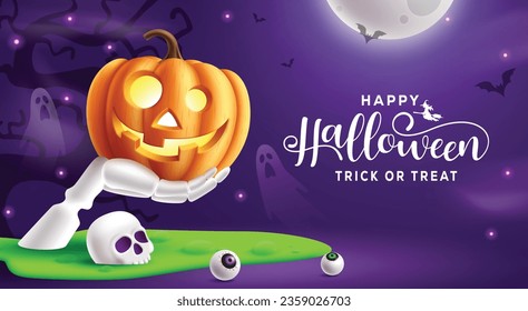 Happy halloween text vector design. Halloween trick or treat with pumpkin, skull and skeletal hand for horror party celebration background. Vector illustration trick or treat background design.