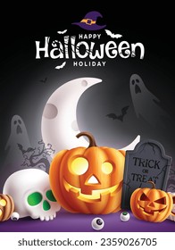 Happy halloween text vector design. Halloween invitation card with pumpkin, skull, graveyard, ghost and half moon decoration elements for holiday occasion. Vector illustration horror invitation card b