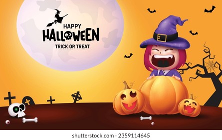 Happy halloween text vector design. Halloween trick or treat greeting with little girl witch character in graveyard night background. Vector illustration horror spooky card.
