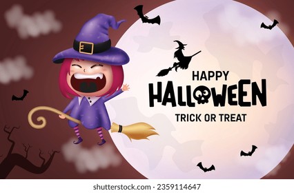 Happy halloween text vector design. Halloween trick o treat greeting in full moon elements with flying cute witch character. Vector illustration party card celebration background.
