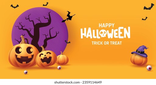 Alles Gute zum halben Text, Vektordesign. Halloween-Trick oder eine Einladungskarte mit süßen Kürbischarakter. Vektorgrafik Horror-Party-Hintergrund.
