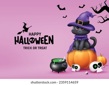 Feliz diseño de vectores de texto de halloween. El truco de Halloween o tratar el saludo con un lindo personaje gatito, calabaza y calavera para el trasfondo del horror. Tarjeta de invitación espeluznante para vacaciones de ilustración vectorial. 
