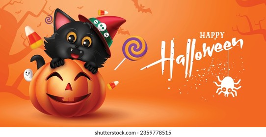 Happy halloween text vector design. Halloween greeting with kitten pet and pumpkin character for kids party invitation card decoration  background. Vector illustration horror party greeting card.
