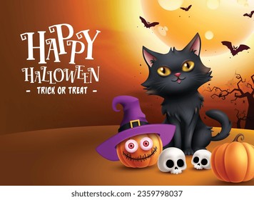 Happy halloween text vector design. Halloween trick or treat greeting with cute cat and orange pumpkin character in sunset full moon background. Vector illustration for horror party invitation card.
