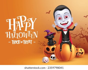 Happy halloween text vector design. Halloween trick or treat greeting with vampire character, cat and pumpkins elements for horror party decoration. Vector illustration spooky invitation card. 

