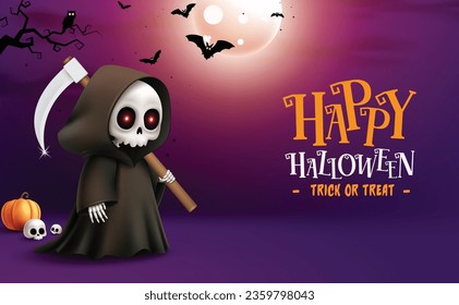 Happy halloween text vector design. Halloween grim reaper character holding scythe elements in full moon scary night background. Vector illustration costume party greeting card.
