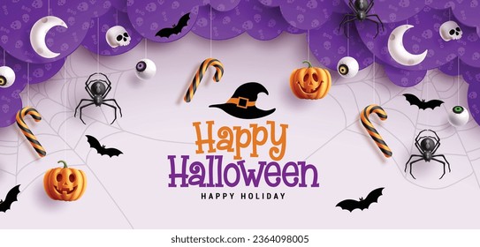 Feliz diseño de vectores de texto de halloween. Tarjeta de saludo de Halloween en espacio vacío con elementos colgantes y espeluznantes para el fondo de la decoración de las vacaciones. Tarjeta de invitación estacional de ilustración vectorial. 
