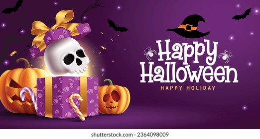 Feliz diseño de vectores de texto de halloween. Casilla sorpresa de regalo de Halloween para la celebración de la temporada de fiestas en fondo morado. Diseño de tarjeta de saludo de ilustración vectorial. 
