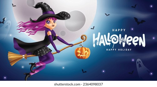 Happy halloween text vector design. Happy holidays greeting card with cute witch girl costume flying in creepy night full moon background, Vector illustration halloween greeting card design.
