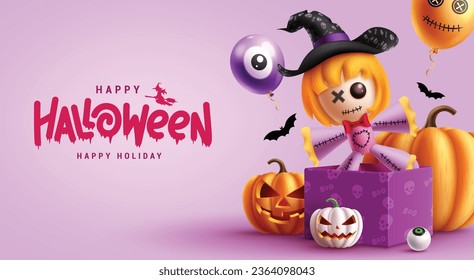 Happy halloween text vector design. Happy holiday greeting with surprise gift witch doll, lantern pumpkins and balloons elements in purple background. Vector illustration halloween greeting card.
