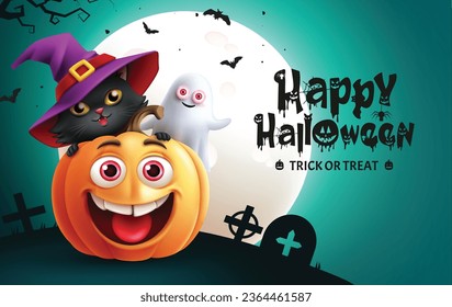 Happy halloween text vector design. Halloween greeting card with pumpkin, cat and ghost characters in cemetery full moon background. Vector illustration trick or treat invitation card.