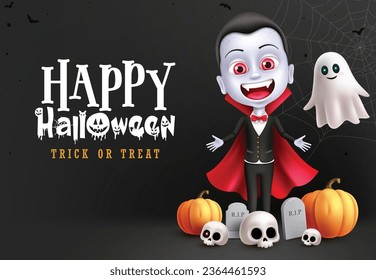 Feliz diseño de vectores de texto de halloween. El truco de Halloween o tratar el saludo en el espacio negro con vampiros y personajes dracéticos para el fondo de la tarjeta de invitación. Diseño de tarjeta de saludo de ilustración vectorial.
