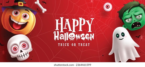 Feliz fondo de diseño de vector de texto de halloween. Truco de Halloween o tratar la tarjeta de saludo con calabaza, cráneo, personajes fantasma y zombie en el fondo del espacio rojo del patrón de araña web. Ilustración del vector 