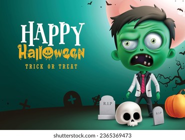 Feliz diseño de vectores de texto de halloween. Saludo y truco de Halloween o tarjeta de invitación con personaje de hombre zombie con fondo de cementerio. Ilustración vectorial diseño de tarjetas de fiesta de vacaciones de temporada.