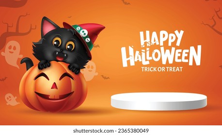 Feliz diseño de vectores de texto de halloween. Pantalla de escenario de podio de Halloween con elementos de gatito de gato y de calabaza en fondo naranja. Publicidad de la pantalla del producto de la ilustración del vector.