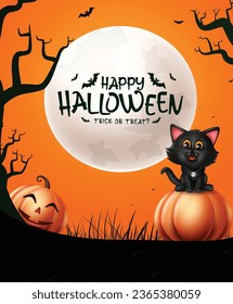 Happy halloween text vector design. Halloween trick or treat greeting in full moon night orange background for invitation card design. Vector illustration halloween seasonal party card background.
