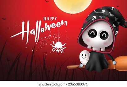 Happy halloween text vector design. Halloween grim reaper skull in broom flying and red night outdoor background. Vector illustration kids party invitation card.