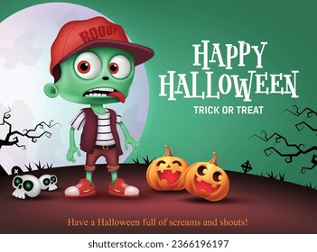 Happy halloween text vector design. Halloween trick or treat greeting with spooky zombie character and pumpkins elements in full moon cemetery background. Vector illustration kids horror party 