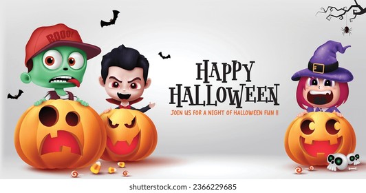 Happy halloween text vector design. Halloween greeting card with zombie, vampire, witch characters and pumpkins elements. Vector illustration seasonal trick or treat background.
