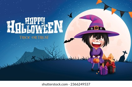 Happy halloween text vector design. Halloween trick or treat greeting with cute witch girl character in night full moon cemetery background. Vector illustration kids horror party greeting card.
