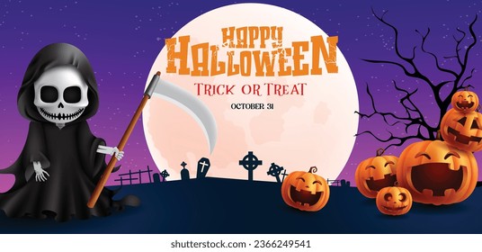 Happy halloween text vector design. Halloween trick or treat invitation card with grim reaper character and pumpkin elements in full moon cemetery background. Vector illustration horror party greeting