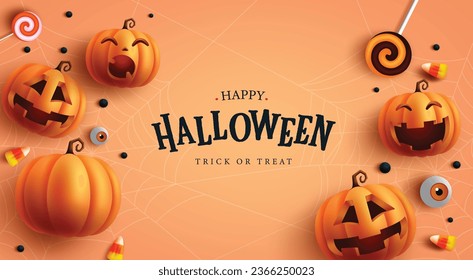 Feliz diseño de vectores de texto de halloween. Truco de Halloween o tratar el texto de bienvenida con caracteres de calabazas y elementos de caramelos en fondo naranja. Fondo de la tarjeta de invitación de la parte de la ilustración del vector.
