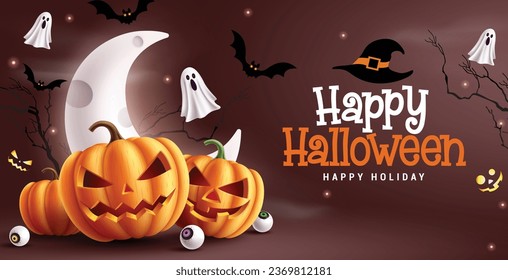 Alles Gute zum halben Text, Vektordesign. Halloween-Kürbissuecharakter und Gespensterelemente in gruseliger und gruseliger Nachtkulisse für Feiertage. Vektorgrafik Grußkartendesign.
