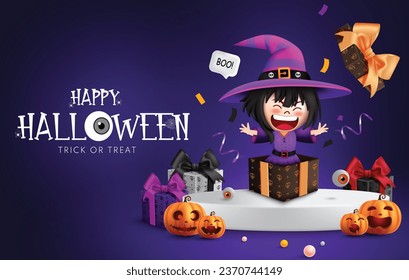 Happy halloween text vector design. Halloween podium stage with surprise gift present and witch girl character for product display background. Vector illustration greeting card design.
