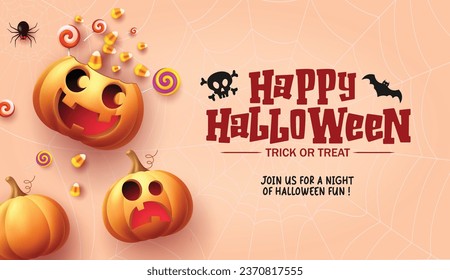 Alles Gute zum halben Text, Vektordesign. Halloween-Trick oder Schokoladenkarte mit Korbkürbis und Bonbons-Elementen, die auf Spinnennetz-Hintergrund dekoriert sind. Kinderparty mit Vektorgrafik-Bildern 