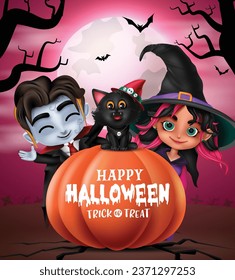 Happy halloween text vector design. Halloween costume characters like boy vampire and girl witch for trick or treat party night background. Vector illustration horror greeting card.
