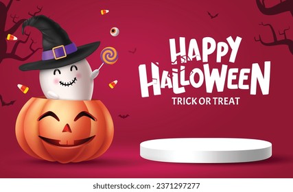 Happy halloween text vector design. Halloween trick or treat podium stage with pumpkin basket and ghost characters for horror party decoration elements. Vector illustration greeting card design.
