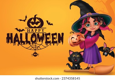 Happy halloween text vector design. Halloween witch girl character with cat, bat and pumpkin elements in yellow background for horror greeting card. Vector illustration trick or treat invitation card.
