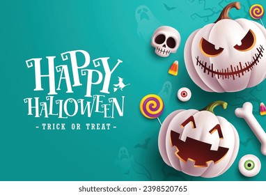 Happy halloween text vector design. Trick or treat greeting card with white pumpkins characters elements in green background. Vector illustration halloween invitation card design.
