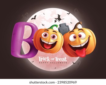 Happy halloween text vector design. Halloween trick or treat with boo greeting text and pumpkins characters in scary creepy full moon background. Vector illustration horror season concept.
