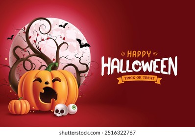 Fröhliches Halloween-Text-Vektordesign. Halloween-Trick oder Grußtext auf unheimlich rotem Hintergrund mit niedlichem Kürbis Gähnen, Mond, Bäume, Fledermäuse, Augenball und Totenkopf Elemente. Vektorgrafik 