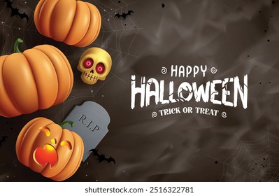 Feliz projeto de vetor de texto de halloween. Halloween enganar ou tratar saudações em fumaça espaço preto com abóboras laranja, jack o e elementos do crânio. Ilustração de vetor design de cartão de horror de feriado. 
